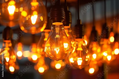 Close up of hanging, orange lightbulbs in lightning lamps at home, restaurant or cafe. Generative AI