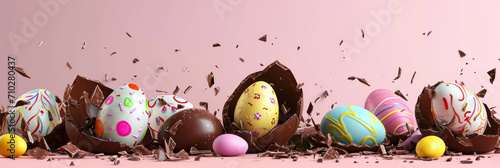 Banner with easter painted eggs in broken chocolate eggshell on pink background photo