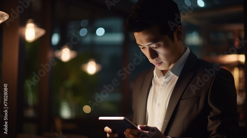 young Asian business working on a tablet late at office