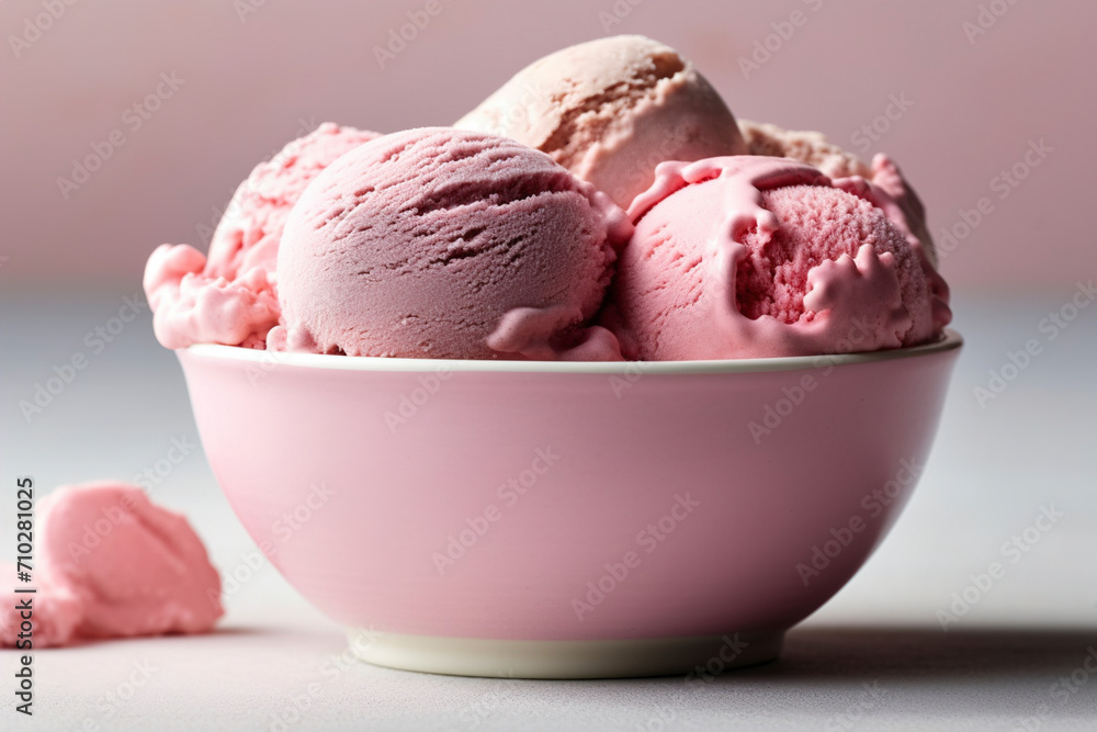 A stunning view of a pink bowl of Neapolitan ice cream scoops. (Generative AI) A stunning view of a pink bowl of Neapolitan ice cream scoops. (Generative AI)