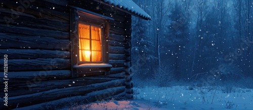 Winter night scene with a lit window in a wooden house. © AkuAku
