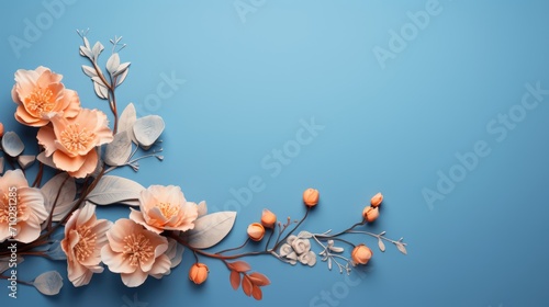 Leaves and peach blossoms on a blue background. Decor design for printing, wallpaper, textiles, interior design, packaging, invitations. Delicate floral texture. #710281285