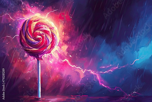 dramatic and artistic representation of a colorful swirled lollipop amidst a stormy backdrop photo