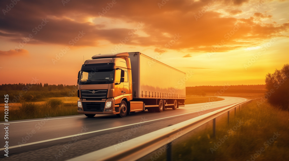 Logistics import export and cargo transportation industry concept of Container Truck run on highway road at sunset sky background with copy space