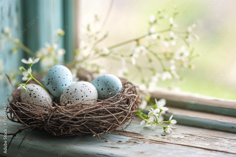 Cute country easter nest with easter eggs on a old window Cute country easter nest with easter eggs on a old window