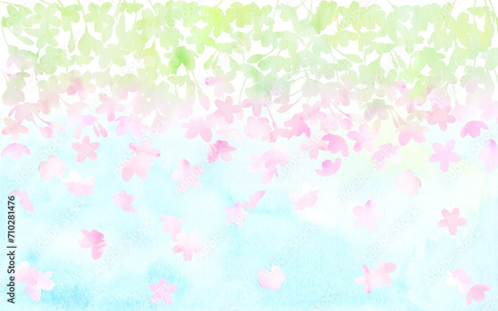青空のもと、満開の桜の花が咲き乱れる様子を表した水彩イラスト。