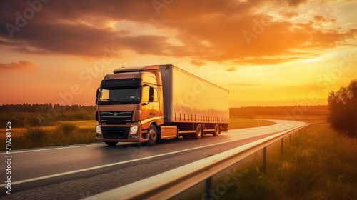 Logistics import export and cargo transportation industry concept of Container Truck run on highway road at sunset sky background with copy space