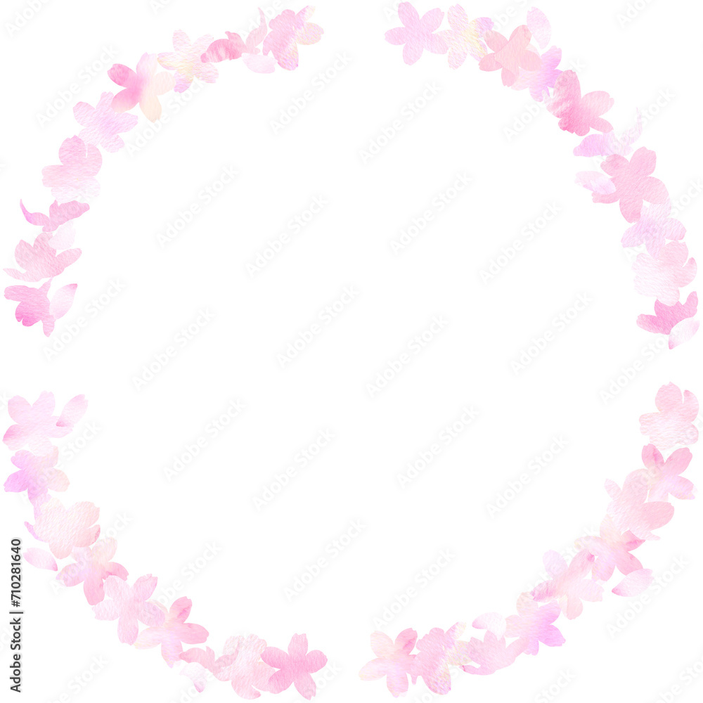 かわいい桜を並べてデザインしたピンクフレーム。水彩イラスト。
