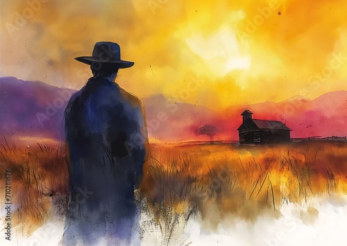 man hat standing field graphic novel cover fires glow lonely wild west town land different color streaming unforgiven witness watercolors posse features photo