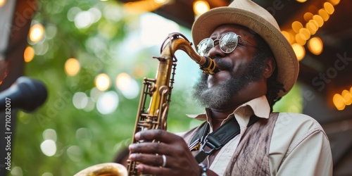 A joyful African American musician playing a saxophone with soulful enthusiasm