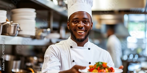 A cheerful African American chef presenting a delicious dish with a proud smile