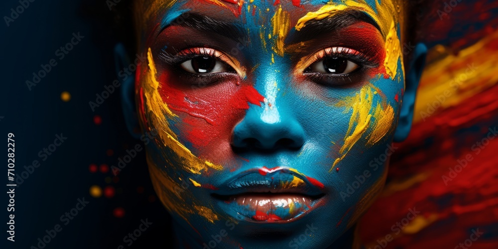 Fashion Model black Girl colorful face paint. Beauty fashion art portrait of beautiful african american woman with flowing liquid paint, abstract makeup. Vivid paint make-up, bright colors