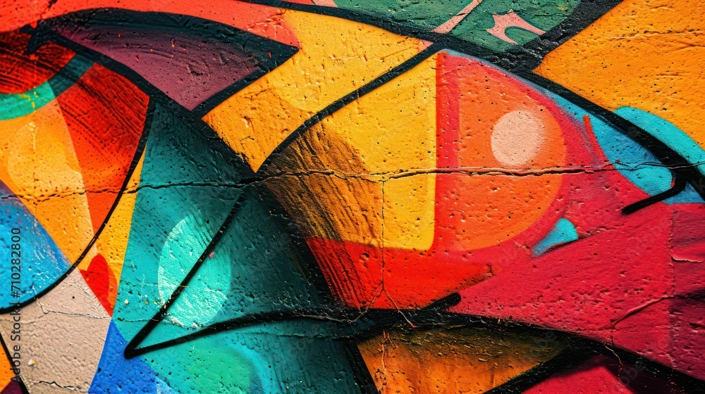 Fototapeta premium A photo of a graffiti-covered wall with vibrant and abstract patterns, depth of field control method, primitivism, 64K, high resolution --ar 16:9 --v 6 Job ID: 65fda398-1753-4317-b2aa-1d7bfe466e18
