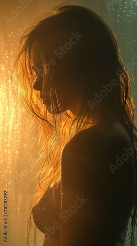 woman long hair black bra top backlit favorite deep light scattering blond gold raining background chase solitude disrobed lost lucid dream waxy skin
