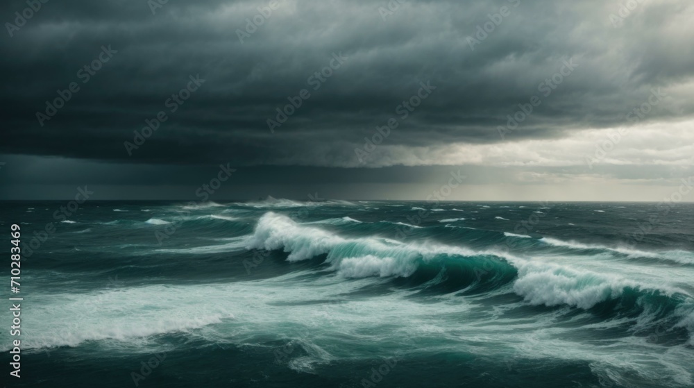Stormy sea with waves and dark clouds. Generative AI.