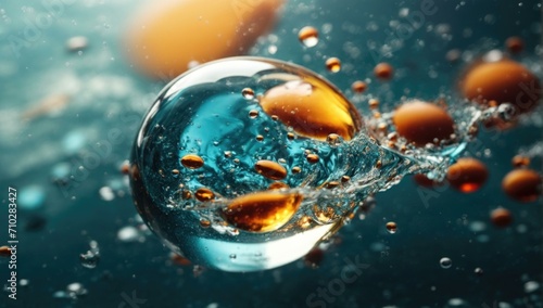 An image of an orange sphere floating in water. Generative AI.