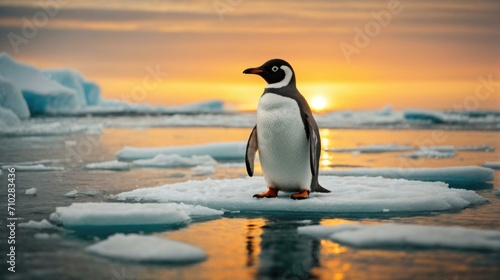 A penguin standing on an ice floe with the sun setting behind it. Generative AI.