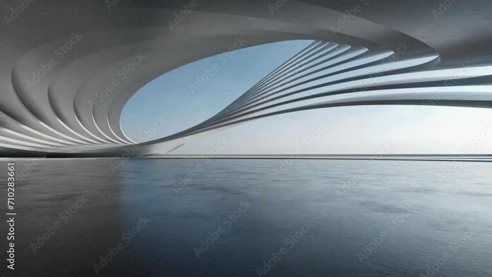 3d render of abstract wavy futuristic architecture with concrete floor.