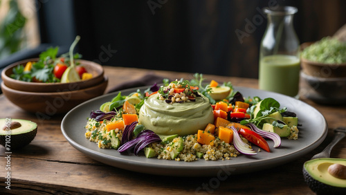 a veg food plate loaded with roasted seasonal vegetables, quinoa salad, and a creamy avocado dressing the scene on a dark wooden table in a rustic restaurant to emphasize the connection to locally sou