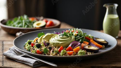 a veg food plate loaded with roasted seasonal vegetables  quinoa salad  and a creamy avocado dressing the scene on a dark wooden table in a rustic restaurant to emphasize the connection to locally sou
