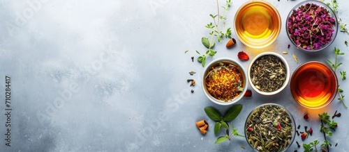 Different herbal teas made from natural herbs, showcased from above with room for text. photo