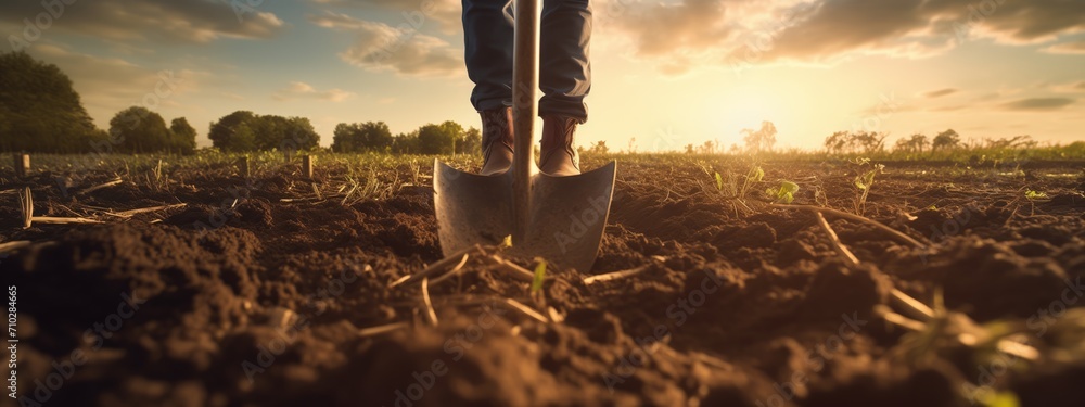 Agriculture, farmer agronomist walks through corn field at sunset. man works shovel in field.farming concept. eco.farmer farmland. - obrazy, fototapety, plakaty 