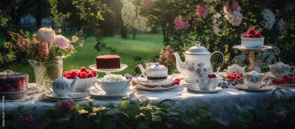 Garden with outdoor elegance, white porcelain teatime, cherry pie. Family tradition, beautiful setting. Meadow, candles, banner.