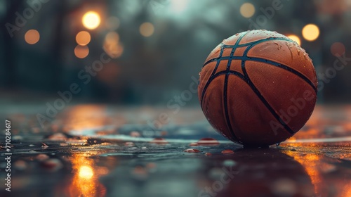 Basketball background with copy space, featuring a close-up highlight of the basketball.
 photo