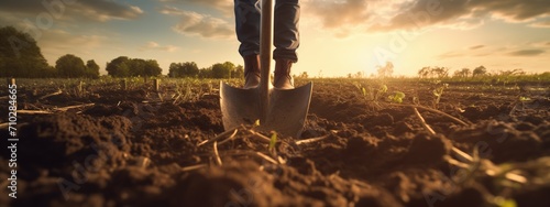 Agriculture, farmer agronomist walks through corn field at sunset. man works shovel in field.farming concept. eco.farmer farmland. photo