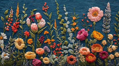 closeup embroidered flower border blue background scene rugs phenomenally photo