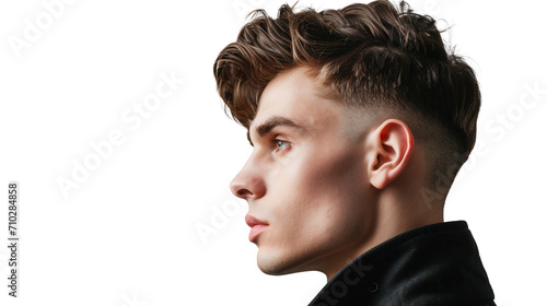 Portrait of a man with modern haircut on the sideview, isolated on transparent background