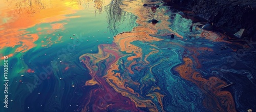 The vibrant hues of an oil spill by a lake.