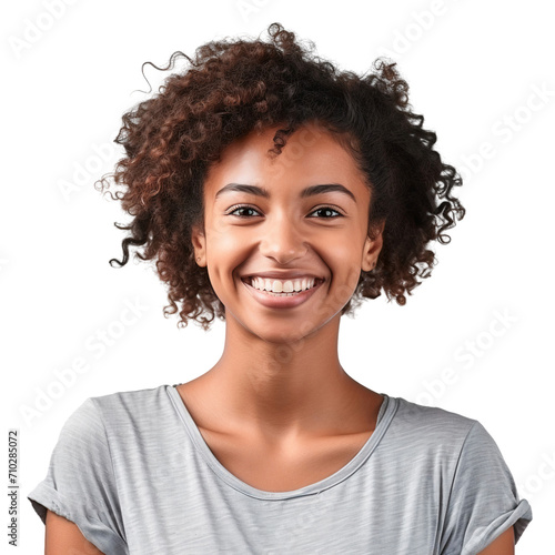 Portrait of a woman smiling with curly hair, isolated on transparent background