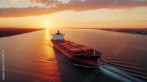 Aerial view of cargo ship in sea.