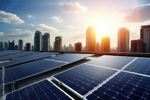 New era solar panels installed on a skyscraper against the backdrop of a sunset. A field of solar panels providing electricity to a modern city.