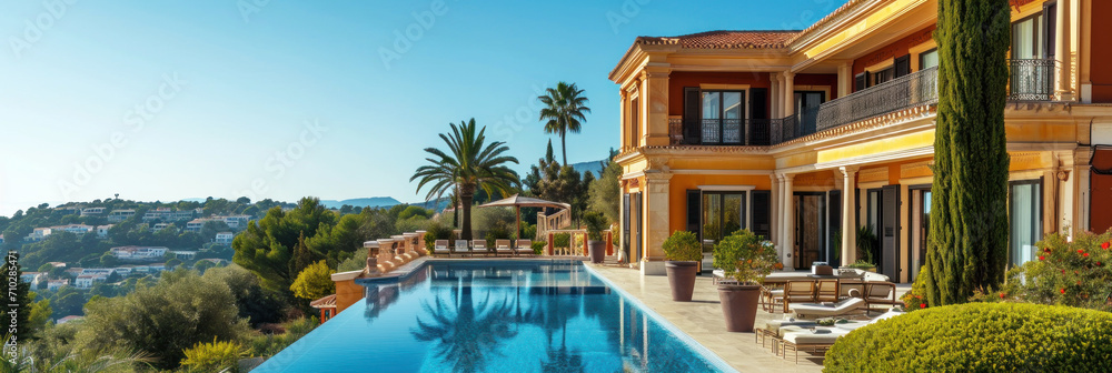 Banner with luxury villa with large swimming pool