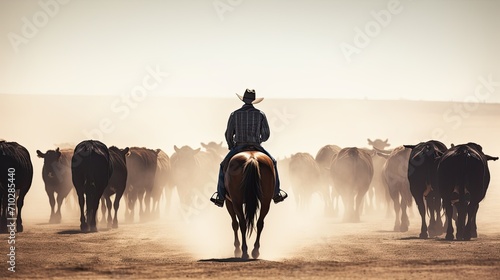 Cattle drivers. A man in a cowboy hat while driving a herd of horses.