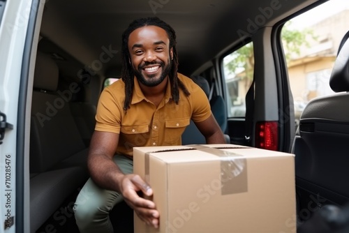Young African American man with beard holds cardboard box with packaged goods making home delivery.