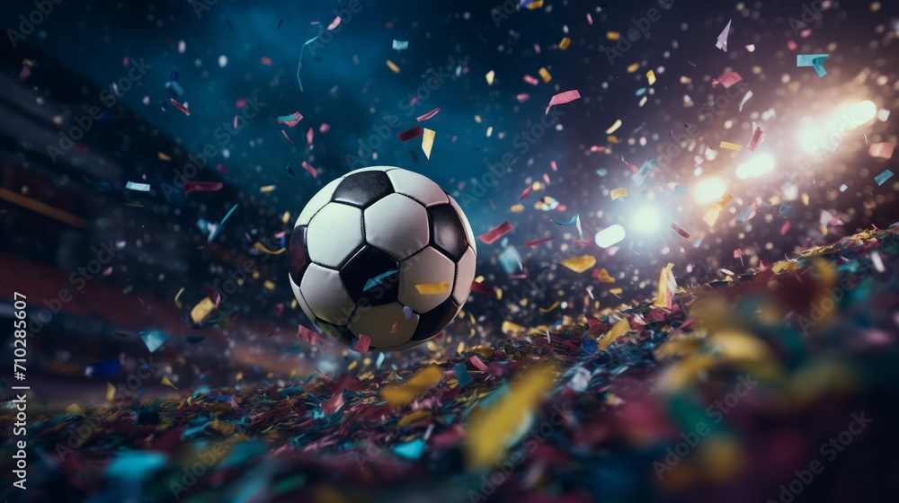 close up ball on midfield in soccer stadium,Colorful confetti flying in the air.football or soccer tournament,world football,soccer cup concept - obrazy, fototapety, plakaty 