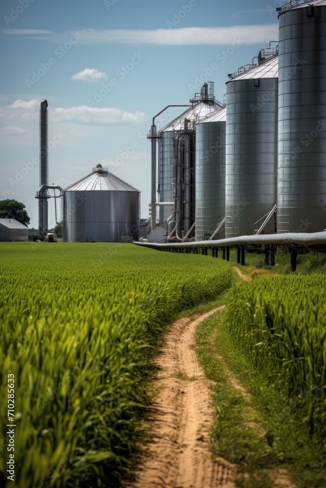 Fototapeta premium Ground road leading to grain storage structures on grass field in industrial area on sunny day.