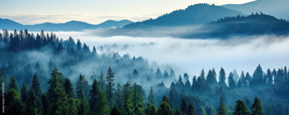 Fog conceals details of mountains with trees inviting greater sense of wonder with mystery