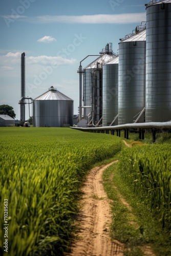 Ground road leading to grain storage structures on grass field in industrial area on sunny day. photo