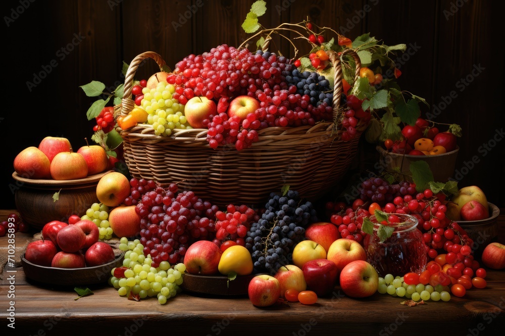 Tabletop full of various grapes and fruits, organic fruits, supermarket fruit promotion advertisement, wine making Tabletop full of various grapes and fruits, organic fruits, supermarket fruit promotion advertisement, wine making