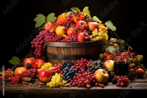 Basket full of various grapes and fruits, organic fruits, supermarket fruit promotion advertisement, wine making