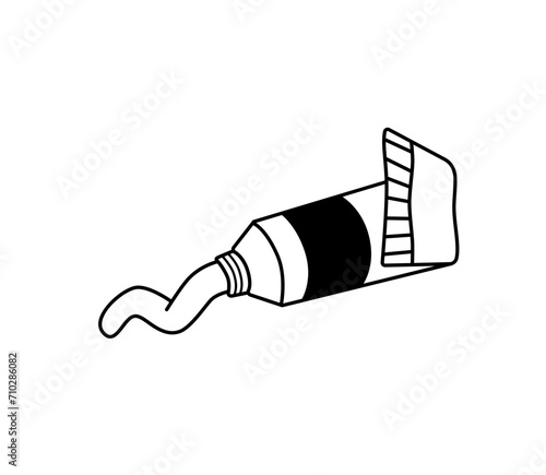 Doodle drawing tube or container. Medical or cosmetic packaging icon. Cream, oil paint or toothpaste opened tube.