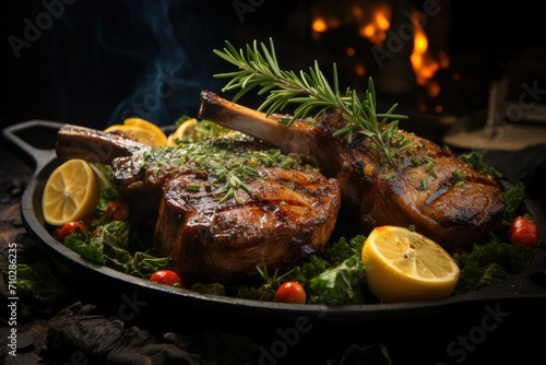 Grilled lamb chops on a plate, close-up of grilled lamb chops on the table, supermarket promotion advertising, kebab shop advertising, restaurant menu