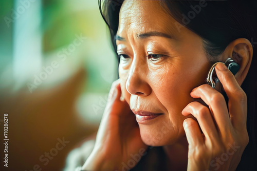 A serene mature Asian woman enjoying a moment of music or audio through her wireless earphone at home.
