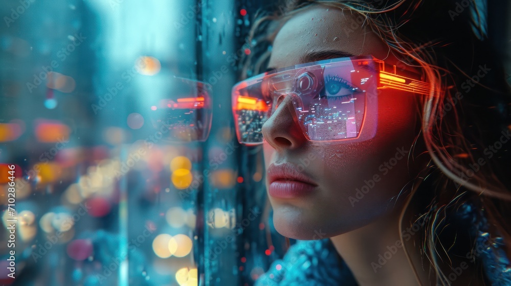 A young woman with cyber glasses on the street. Ai generative
