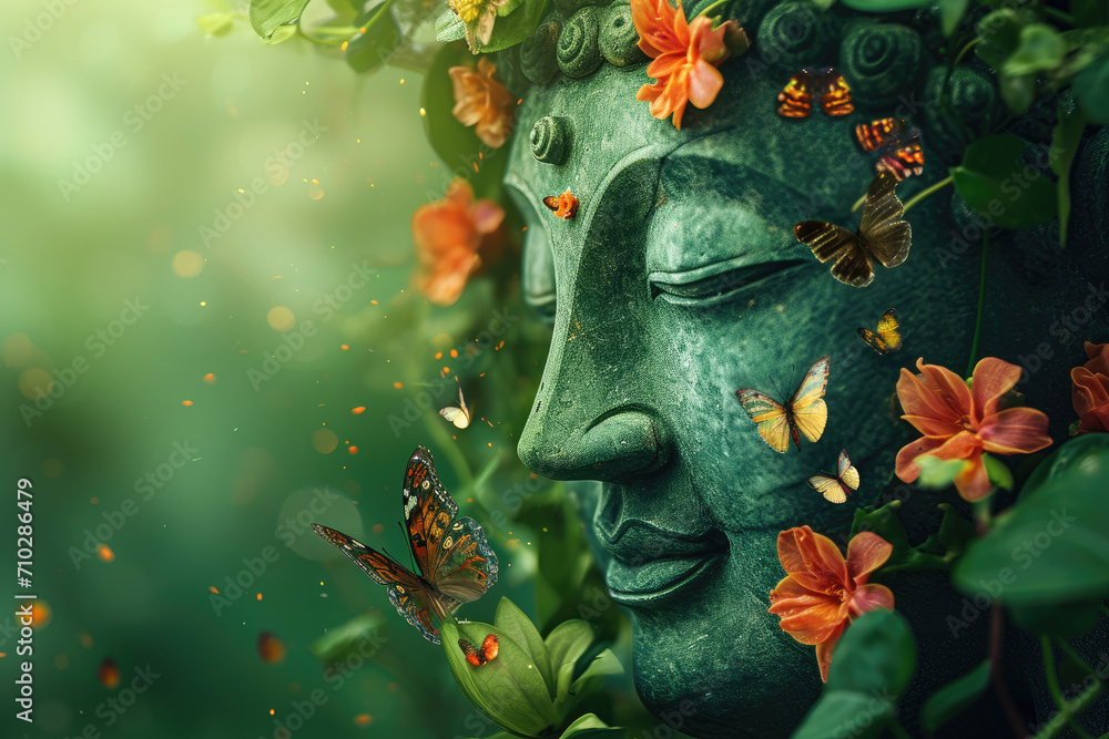 Jade buddha face with glowing crystal colorful flowers, nature green background and butterflies around