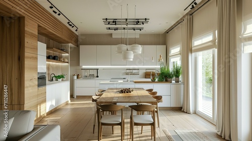 Interior of light kitchen with dining table and white counters